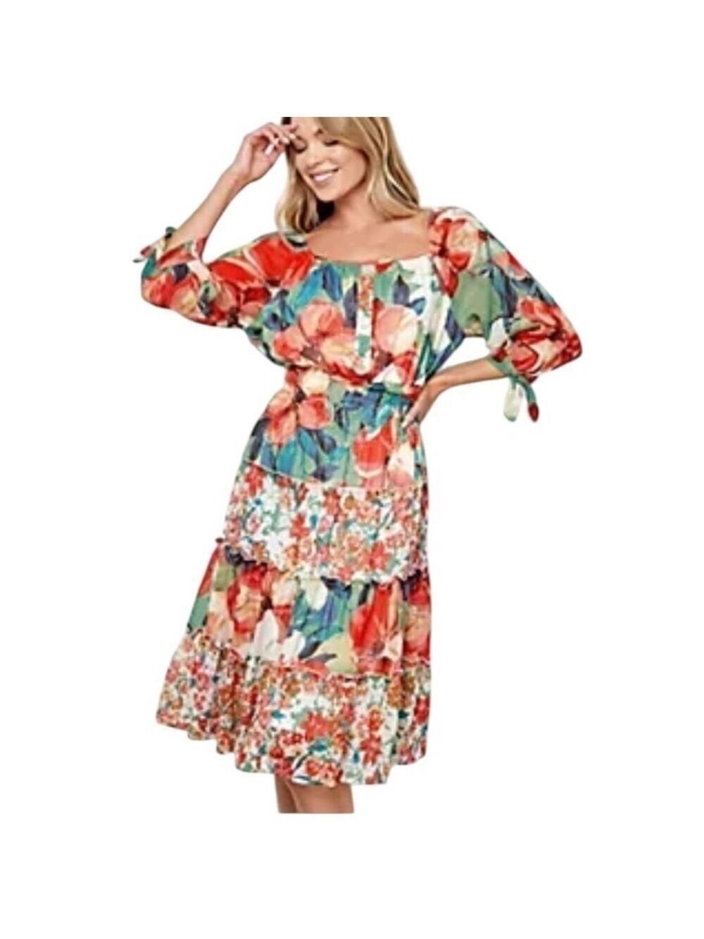 FIGUEROA & FLOWER Floral Smocked Waist 3/4 Sleeves Tiered Ruffles Never Worn S